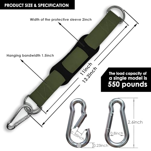 Hanging Straps Kit for Hammocks (2-Pack), Pull-Up Bar & Tree Swings, Gym & Travel–Anti-Slip Sling Saver Sleeves + Anti-Slip Locking Carabiners (Green) - color: Green
