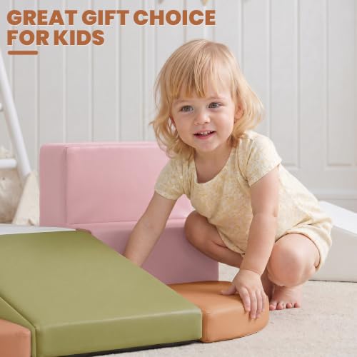 Hoohtoot Soft Foam Climbing Blocks for Toddlers: 6-Piece Macaron Color Play Set - Indoor PU Leather Climbing Toys - Baby Crawling and Activity Gym - style: Ivory/Pink