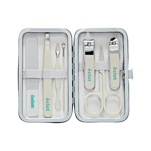 Éclat Manicure Pedicure Kit for Men & Women, 7Pcs Finger & Toe Nail Care Tools Includes Nail Clipper Cutter, Tweezer, File, Cuticle Pusher, Personal Care Professional Grooming Set With Travel Case - color: Mini Mani+pedi Set (7pc Cream)
