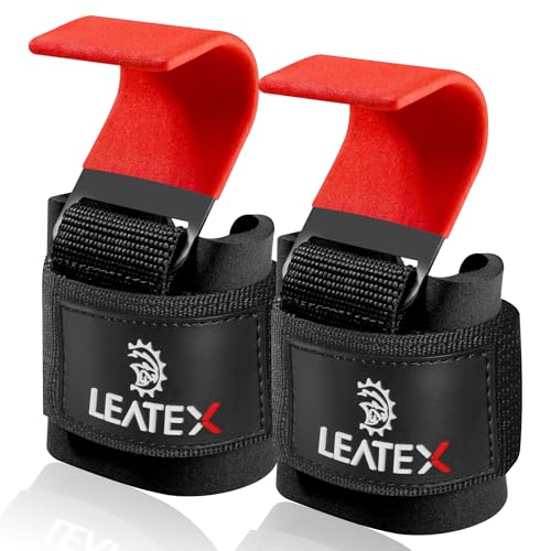 Weight Lifting Hooks (Pair) for Deadlifts, Pull Ups, Rows & Shrugs - Anti-Rip Nylon Strap Hand Grips with Thick Wrist Padding - Heavy Duty Wrist Straps for Weightlifting & Gym Workouts - color: Red