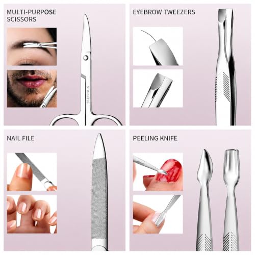 ZIZZON Nail Clippers Kit Manicure Pedicure Set with Holographic Case(Pink) | 12-Piece Set with Thicker Steel, Precision-ground Cutting Edges, and Smooth-finished Tools for Clean, Precise Trimming. - color: Pink