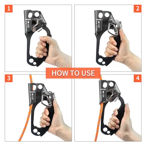 UIAA & CE Certified Hand Ascender Rock Climbing Tree Arborist Rappelling Gear Equipment Rope Clamp for 8~13MM Rope - color: Grey-Right