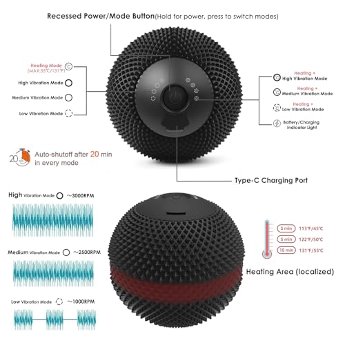 Heating Vibrating Massage Ball with 7 Modes & Memory Function for Myofascial Release, Deep Tissue and Trigger Point Muscle Therapy - Targets Back, Hip, Leg, Neck & Foot (Black) - color: Black