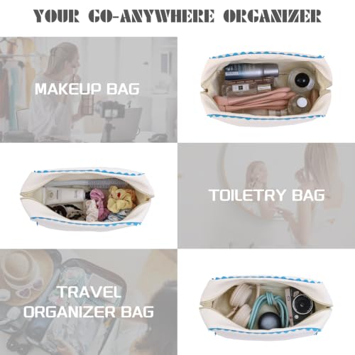 Canvas Makeup Bag for Women | Rainbow Rick Rack Trim,Mahjong Tile Travel Toiletry Organizer,Everyday Use, Beach and Gift for Girlfriend - color: Natural+Blue