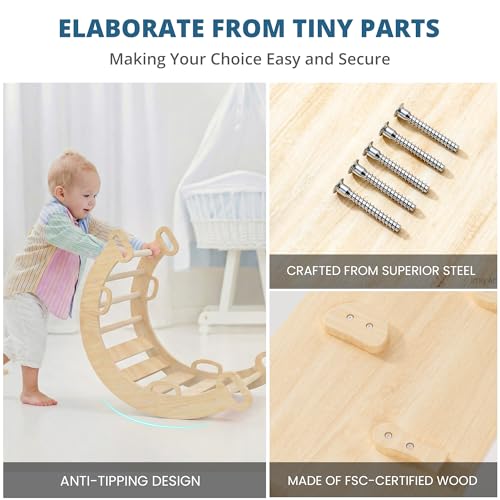 BlueWood Pikler Triangle Set, Toddler Climbing Toys Indoor 7in1 Foldable | Wooden Climber for Kids, Montessori Philosophy Play Jungle Gym with Arch, Ramp, Ladder (Natural) - color: Natural