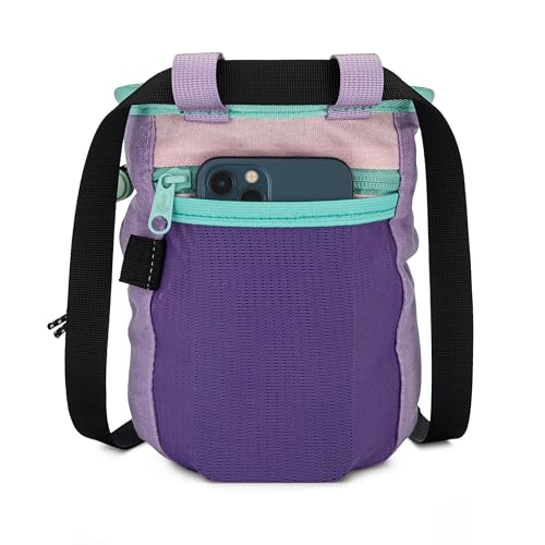 Oso Supply Co - Waxed Canvas Chalk Bag - Zipper Pocket & Mesh Pouch for Bouldering, Rock Climbing, Gym, Weightlifting – Water-Resistant, Adjustable Belt, Wide Opening - color: Lavender / Teal
