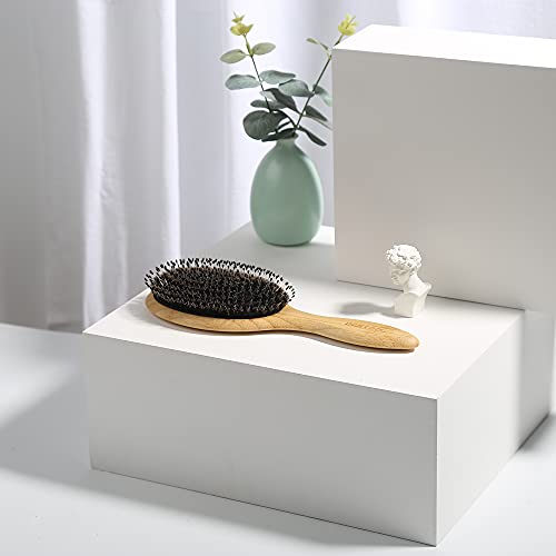 BESTOOL Hair Brush-Boar Bristle Hair Brushes Natural Bamboo Wooden Cushion Massage Anti Static Large Paddle Hairbrush for Women Men and Kid (Round) - color: Natural