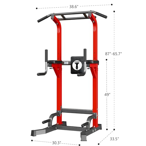 SogesPower Power Tower Pull Up Bar Station Multi-Function Dip Station | Adjustable Height Pull Up Dip Station Dip Bar Strength Training Fitness Equipment,Up to 500LBS - color: Red