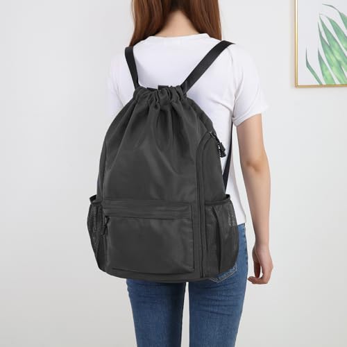 Valleycomfy Waterproof Drawstring Gym Backpack Bag for Men & Women Black | Sports Gym Bag with Side Pocket - color: A-black