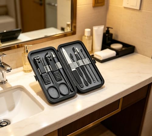 Luxury 9-in-1 Manicure Set – Premium Stainless Steel Grooming Kit with Elegant Leather Case-Black