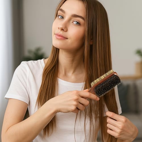 Boar Bristle Hair Brush for Men and Women, Double Side Slick Back Hair Brush with Medium & Firm Bristle, Sturdy Men's Brush for Waves, Fades, Slick Back Style (Brown) - color: Brown