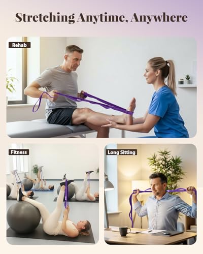 Trideer Stretching Strap with Loops & Leg Lifter, Non-Elastic PT-Style Physical Therapy Strap for Knee Replacement Rehab, Hamstring, Calf & Back Stretcher Mobility, Hip, Shoulder & Yoga - color: Purple