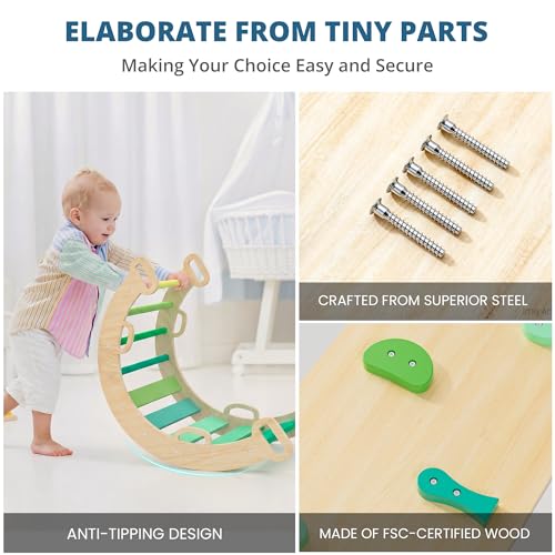 BlueWood Pikler Triangle Set, Toddler Climbing Toys Indoor 7in1 Foldable | Wooden Climber for Kids, Montessori Philosophy Play Jungle Gym with Arch, Ramp, Ladder (Green Summer) - color: Green Summer