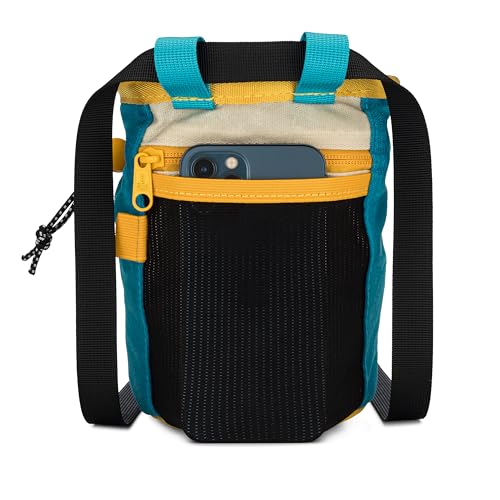 Oso Supply Co - Waxed Canvas Chalk Bag - Zipper Pocket & Mesh Pouch for Bouldering, Rock Climbing, Gym, Weightlifting – Water-Resistant, Adjustable Belt, Wide Opening - color: Blue / Gold