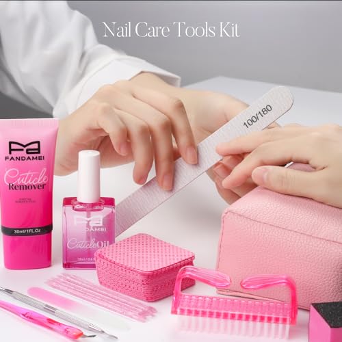 FANDAMEI Cuticle Remover Kit, Cuticle Remover & Oil, Professional Manicure Kit for Women with 50 PCS Lint Free Wipes, Steel Nail Pusher & Fork, Nail Files and Buffers, Manicure Tools Set for Nail Care