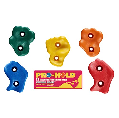 22 Assorted Deluxe Rock Climbing Holds for Kids - Outdoor Climbing Stones Kit with 44 Swing Safe Fasteners + Drill Bit Easy to Install on Lumber from 3/4" to 1.25" Thick - style: 22 Rocks