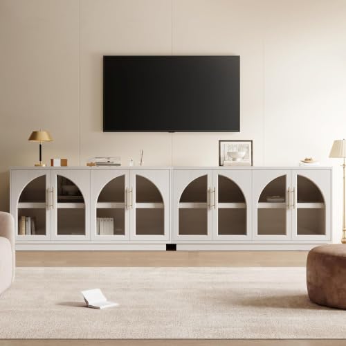 Fatmok 59" Buffet Cabinet with Glass Doors, Modern Arched Sideboard with Large Storage and Adjustable Shelves, Accent Console Credenza for Dining Room, Living Room, Entryway, White Wood Grain - color: B-white Wood Grain