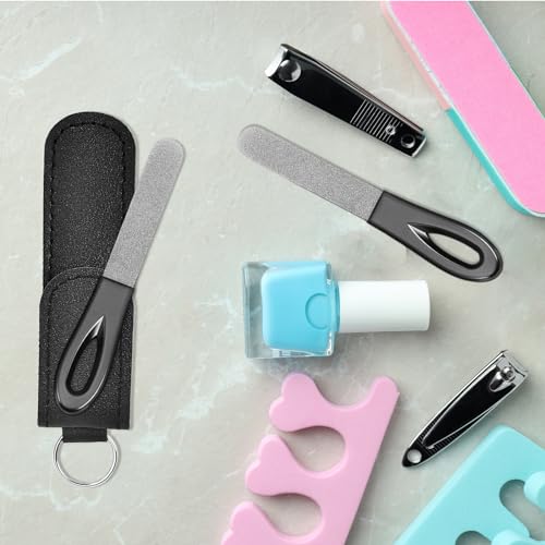 Metal Nail File with Case, 2 Pack Keychain Nail Files for Natural Nails, Fingernail Files Diamond Round Tip Stainless Steel Double Sided Fine Grit Sapphire Filer with Leather Sheath Travel Black - size: 2 Pack 3.6 in Gunmetal/Black Keychain
