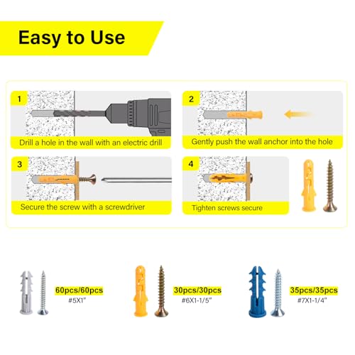 140PCS Drywall Anchors and Screws Kit, 3 Sizes Plastic Wall Anchors | Plastic wall anchors with Phillips screws, 140PCS 3-size kit for drywall, sheetrock and home installation projects. - style: 140 Pcs