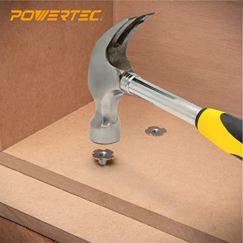 POWERTEC 1/4-20 T Nuts, 50 Pcs | 4 Pronged Tee Nuts for Bolts and Stem Caster Wheels, Threaded Inserts for Wood Working, Rock Climbing Holds and Furniture, for Use with Hammer | 3/8" Length (QTN1101)