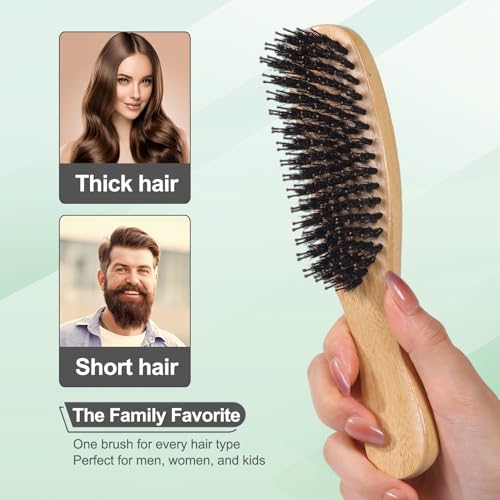 PERFEHAIR Boar Bristle Hair Brush, Bamboo Handle Mini Brush, 7.5 in | Dual boar + nylon bristles · 65g bamboo handle · 7.5 x 1.6 in · smooths thick, curly, fine hair · for women, men & kids