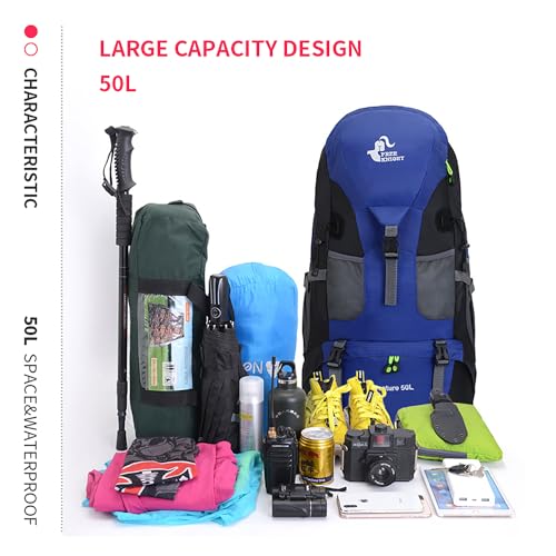 Bseash 50L Hiking Backpack, Water Resistant Lightweight Outdoor Sport Daypack Travel Bag for Camping Climbing Skiing Cycling (Blue - No Shoe Compartment) - color: Blue - No Shoe Compartment
