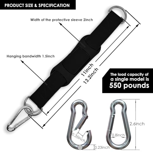 Hanging Straps Kit for Gymnastic Rings (2-Pack), Pull-Up Bar & Tree Swings, Gym & Travel–Anti-Slip Sling Saver Sleeves + Anti-Slip Locking Carabiners (Black) - color: Black