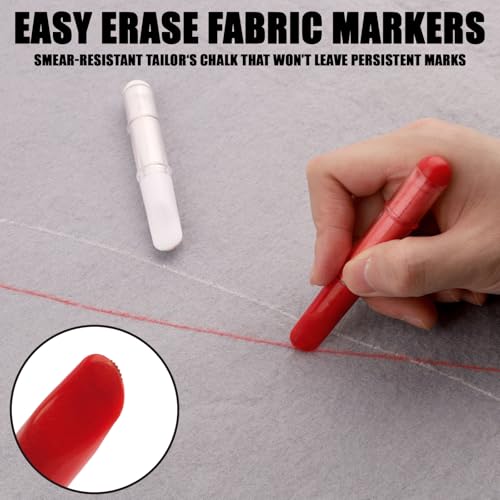 2 PCS Sew Fabric Chalk Markers, Red & White Fabric Chalk Pencil Erasable Tailor Chalk for Sewing and Quilting, Crafting, Erase Tailors Liner Pen for Cloth, Leather