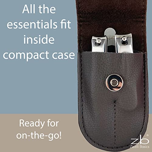 Nail Clippers by Zizzili Basics - 3 Piece Nail Clipper Set - Stainless Steel Fingernail & Toenail Clippers with Nail File and Brown Travel Case - Best Nail Care for Men, Women, Manicure & Pedicure - color: Brown Case