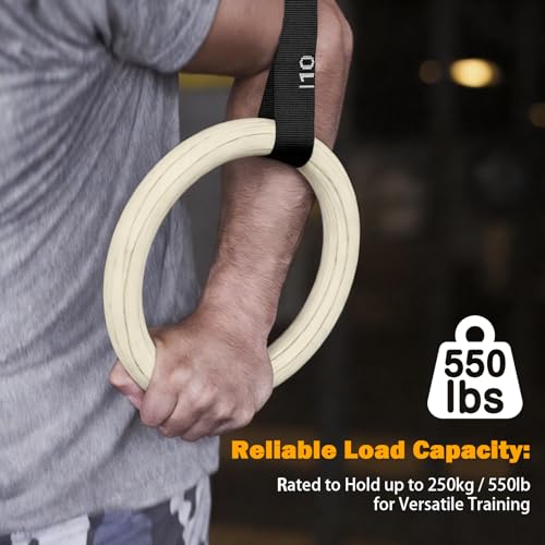 32mm Wooden Gymnastic Rings, Quick Adjust Numbered Straps | solid wood rings, portable design, strength training, calisthenics, home gym & travel workout