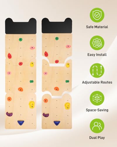 noblequest Wooden Rock Climbing Wall for Kids, Indoor Climbing Wall Panels with 12 PP Rock Holds, Customizable Routes Climbing Toy for Playroom Home Gym, Adjustable for 3+ Years
