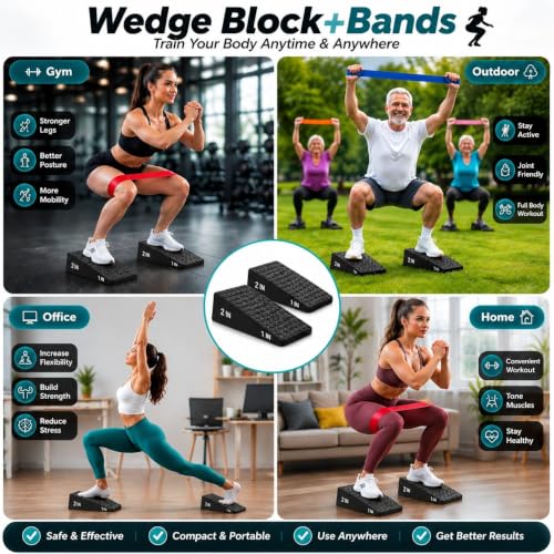 Squat Wedge Block, Non-Slip Adjustable Slant Board for Squats, 5 Bands | High-Density Rubber, Dual Heel Elevator, for Goblet Squats, Calf Raise Training & Deadlifts"