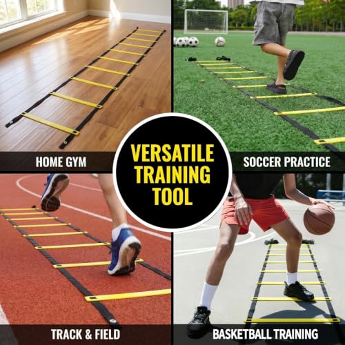 20ft Agility Ladder Training Ladder Speed | Speed Ladder for Soccer, 12 Adjustable Rungs, Durable, Carry Bag & Straps, Yellow, Footwork Training for Athletes - color: 2 Pack-Yellow