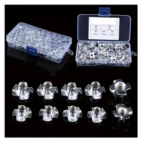 CHATROOM 90pcs/Box M3 M4 M5 M6 M8 Carbon Steel T-Nuts Four Claws Nut Assortment Kit for Wood Rock Climbing Holds Cabinetry Furniture