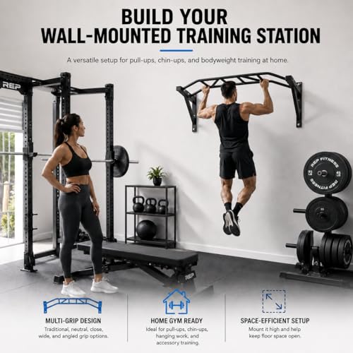 REP Fitness Heavy Duty Pull-Up Bar, Wall Mounted Multi-Grip or Bare Steel Straight Option, Home Gym Exercise Equipment for Chin Training, Garage Strength Workouts, Rings, Straps - style: Multi-Grip Arch