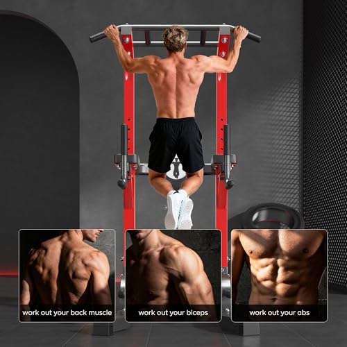 DlandHome Power Tower Pull Up Bar Station, 10 Level Adjustable Height | Heavy Duty Pull Up Dip Station for Home Gym Strength Training Equipment, Comfortable Backrest, 330LBS Weight Capacity - color: Red