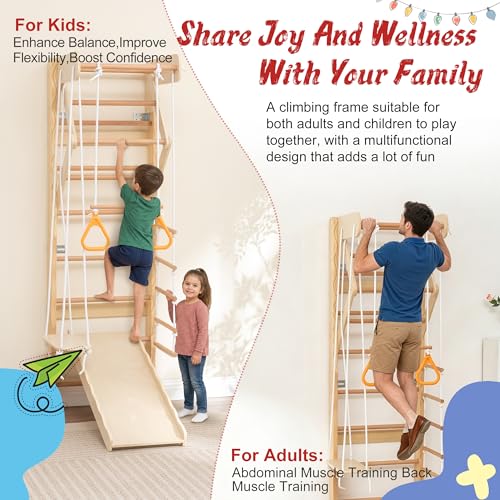 Wooden Indoor Jungle Gym 6-in-1 Playground Climbing Toys for Kids Ages 2-6, Climbing Playset Wall Ladder, Pull-Up Bar, Rope Ladder, and Gymnastic Rings, Supports 242 lbs (6-in-1) - size: 6-in-1