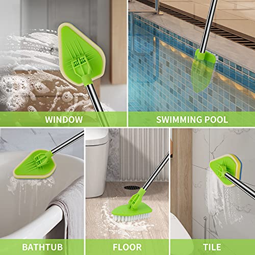 Extendable Scrub Cleaning Brush with Long Handle 35'' - Floor Scrubber | 1 Stiff Bristles & 3 Sponge Brush, Adjustable Lightweigh Kitchen Brush for Baseboard Shower Bathroom Bathtub Tile