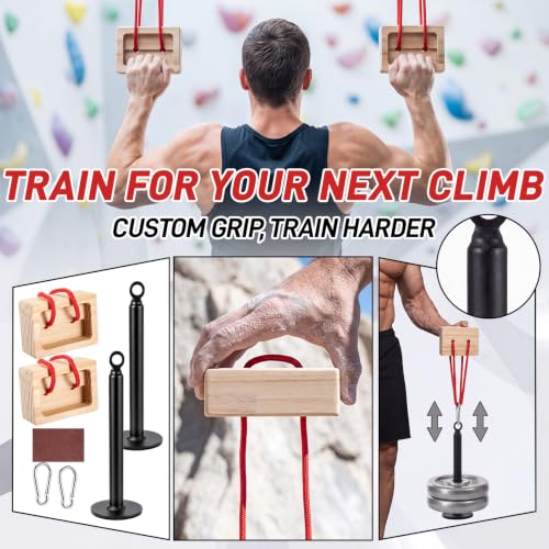 2 Pcs Portable Wood Fingerboard Climbing Hangboard with Adjustable Rope and Metal Clips, Dual Pocket Grip Blocks for Finger Hand Grip Strengthener, Home Gym Fitness Workout Equipment