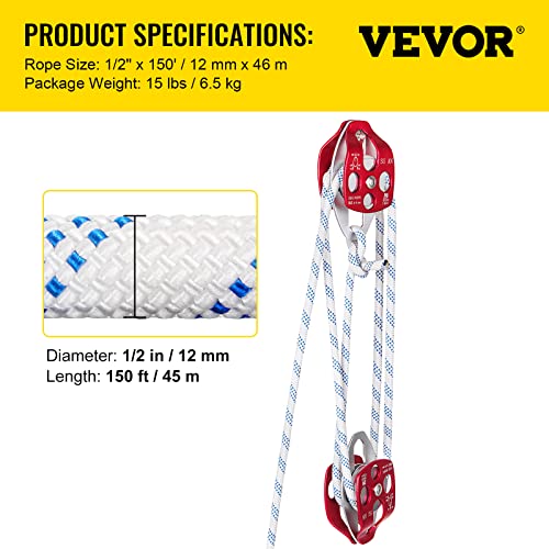 VEVOR Twin Sheave Block and Tackle 1/2" x 150Ft Twin Sheave Block with Braid Rope 30-35KN 6600-7705LBS Double Pulley Rigging - size: 1/2" x 150'