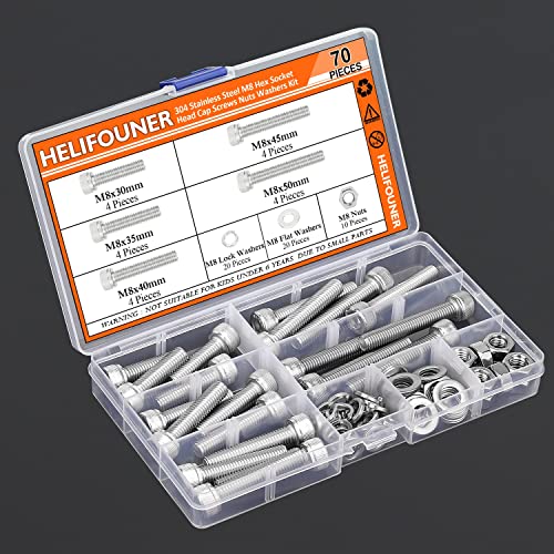 HELIFOUNER 70 Pieces M8 x 30mm /35mm /40mm /45mm /50mm, Hex Socket Head Cap Metric Screws Bolts Washers Nuts Kit, 304 Stainless Steel - size: M8 x 30/35/40/45/50mm