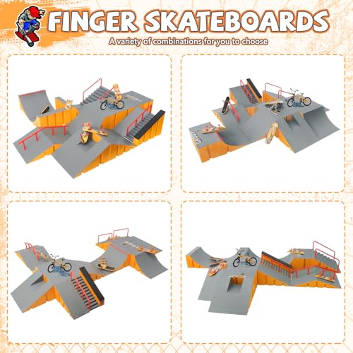 CS COSDDI Finger Skateboard Park Kit, 14 in 1 Skate Park Set with 8 Fingerboards, 14 Ramps, Half Pipe & Finger Bike, Mini Skate Toy for Kids & Adults,Yellow - color: Style -1810-12c