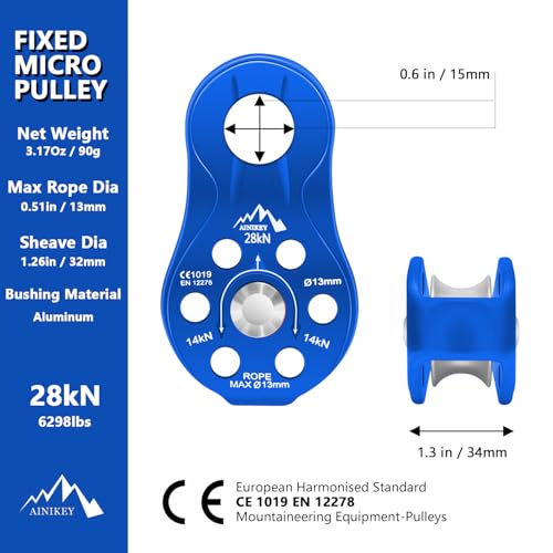 Fixed Plate Micro Pulley, 28KN CE Certified General Purpose Small Aluminum Rope Pulleys Slack Tender for Hauling/Rigging/Climbing/Aloft Work/Rappelling etc (Pack of 2(28KN Pulley Blue)) - color: Pack of 2(28KN Pulley Blue)