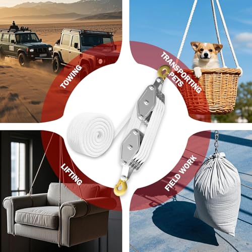 YATOINTO Rope Pulley Hoist with Metal Bearing 4400 LB, 8:1 Pulley Block and Tackle System, Pulley Block 2200LB Loading Capacity, 65ft Heavy Duty Rope Hoist for Hunting Garage Warehouse Constructions - color: White, size: UPGRADED-4wheels