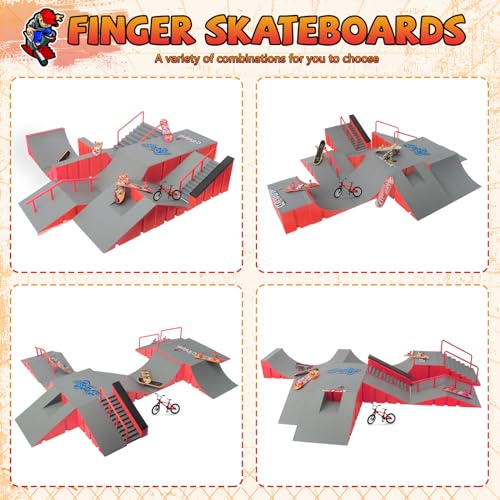CS COSDDI Finger Skateboard Park Kits,14 in 1 Skateboard Finger Toys with 8 Finger Skateboards & 14 Skatepark Deck Ramp,Finger Bike for Boys or Girls Gift,Mini Finger Skateboards Ramp Accessories Set | Build custom skatepark layouts with 14 modular ramps,