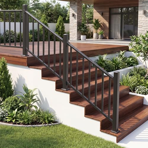 Aluminum Deck Railing Kit, Modular 36 in H. x 2 Ft W Stair Railing Kit for Outdoor Steps,Heavy Duty Balustrade System for Deck, Porch, Patio & Balcony(1 Post, 1 Panel) - size: 2 Feet-Stair