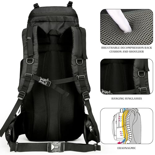 75L Hiking Backpack with Rain Cover Waterproof Camping Backpack Shoes Warehouse for Men Women, Frameless - color: Black, size: 60L