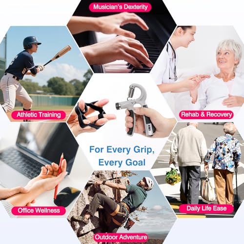 CYFIE Grip Strength Trainer Kit, Adjustable 10-132 lb, Hand Exerciser | Forearm Strengthener, Finger Stretcher, Stress Ball and Bag for Grip Recovery, Wrist Training, Rehab, Climbers and Musicians - color: Gray