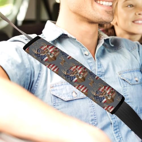 2 Pack American Us Flag Hunting Deer Seat Belt Shoulder Pad Breathable Shoulder Harness Cover for Child, All Vehicles, Neck and Shoulder Support - color: Pattern 581