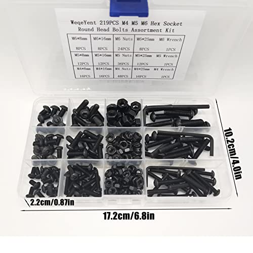 219 Pcs M6/M5/M4 Black Button Head Nuts and Bolts, Socket Cap Screws Nuts Assortment Kit, Allen Hexagon Round Mushroom Machine Screws Assortment Set - size: Black Round Head